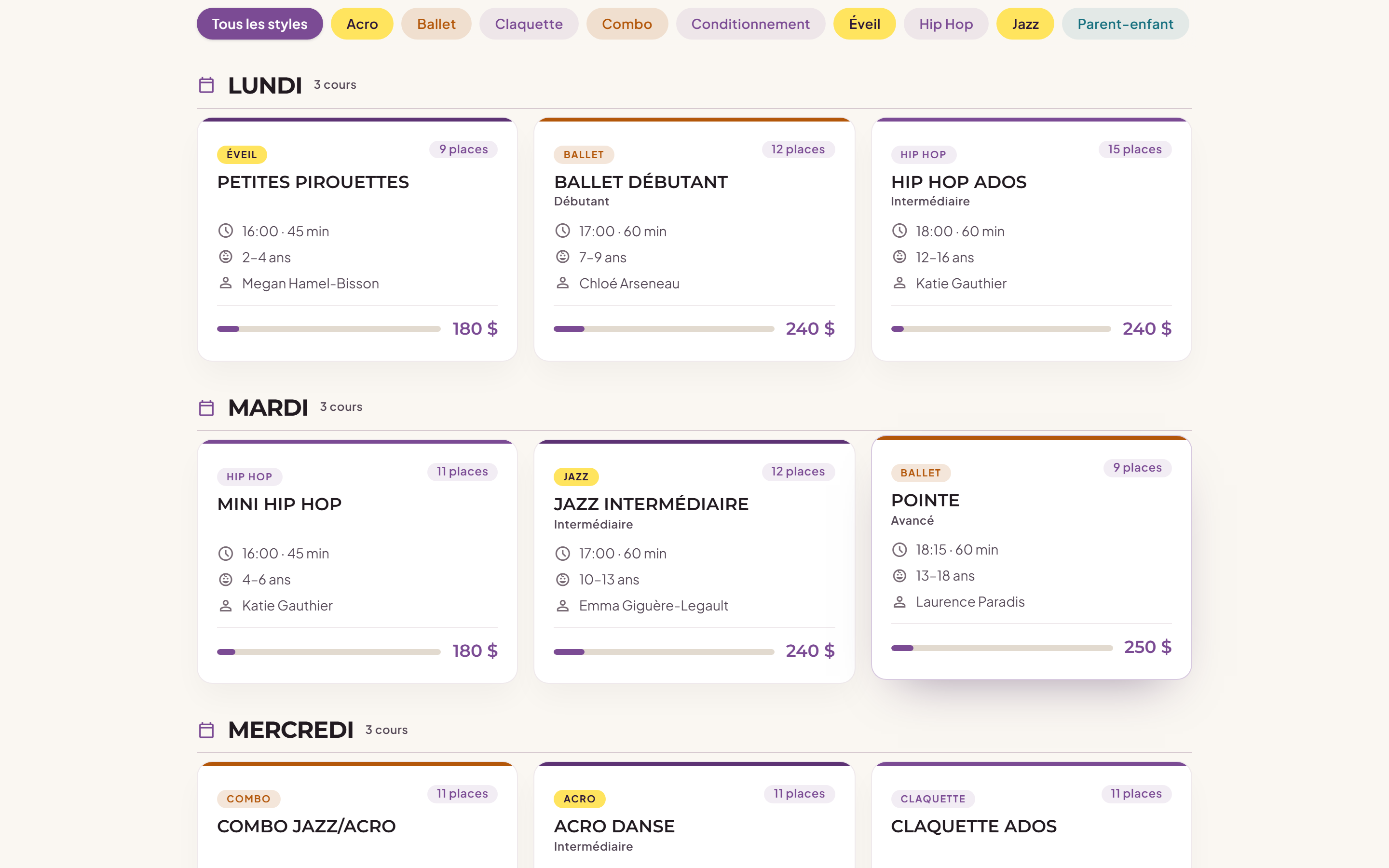 Page publique des cours : horaire par jour, style de danse, places restantes et prix.