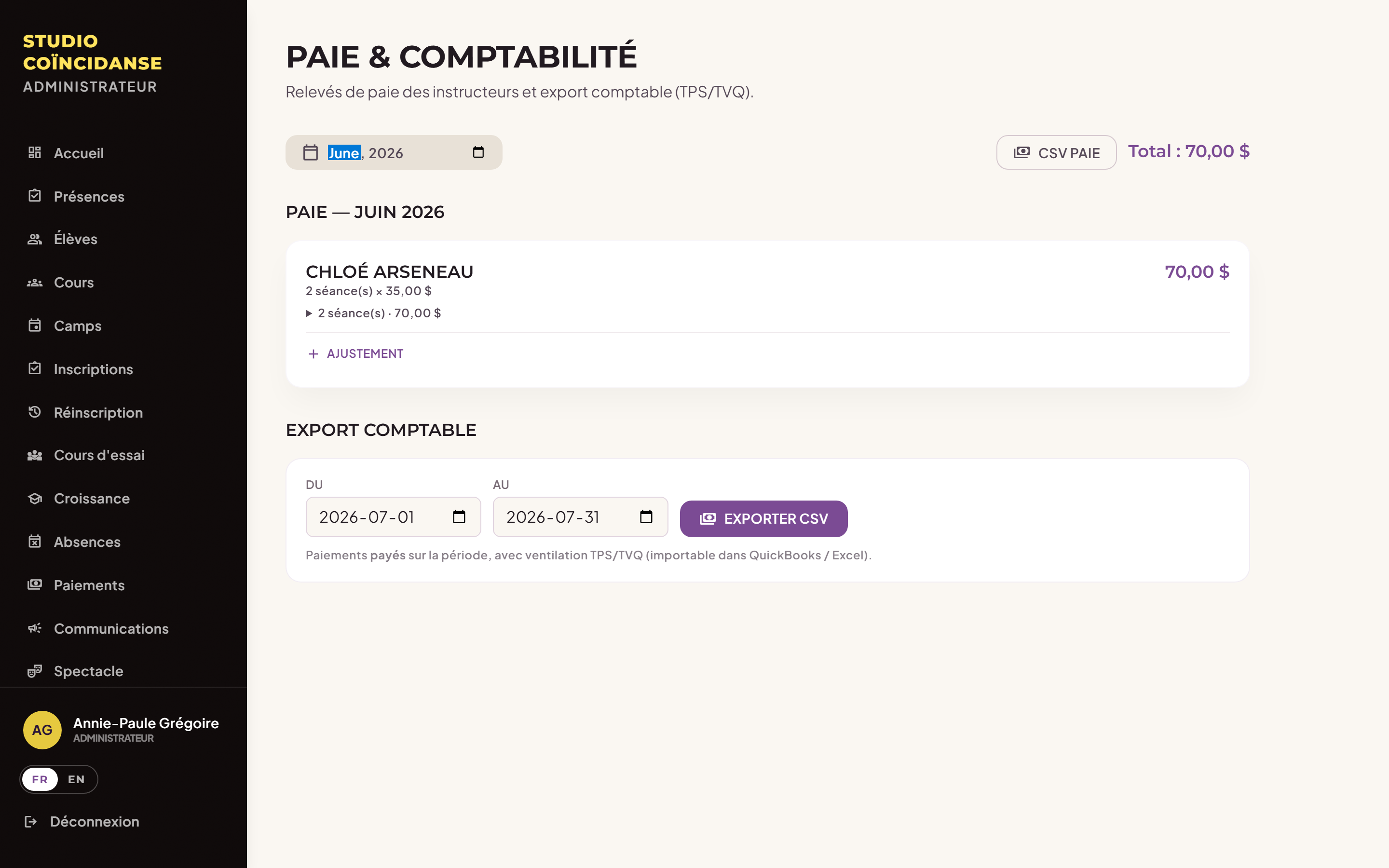 Paie et comptabilité : relevé mensuel par instructeur et export comptable avec ventilation des taxes.