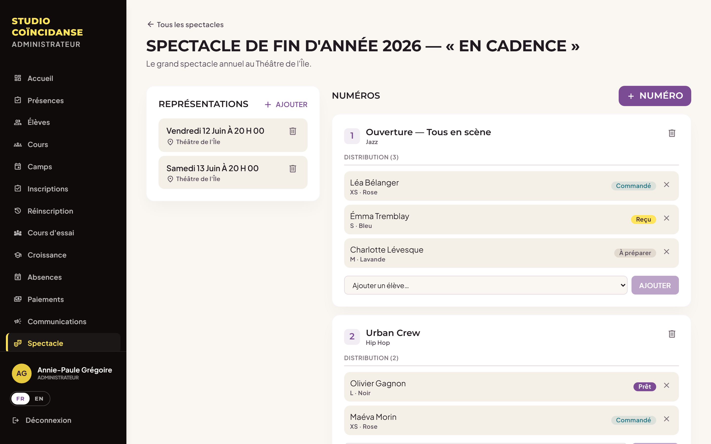 Gestion de spectacle : représentations, numéros et distribution des élèves avec suivi des costumes.